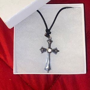Silver Stainless Steel Sparkle Cross Cord Necklace